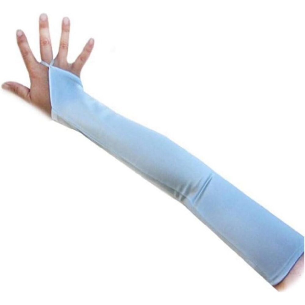 Women's Light Blue Finger Loop Fingerless Long Satin Gloves Wedding Party Prom